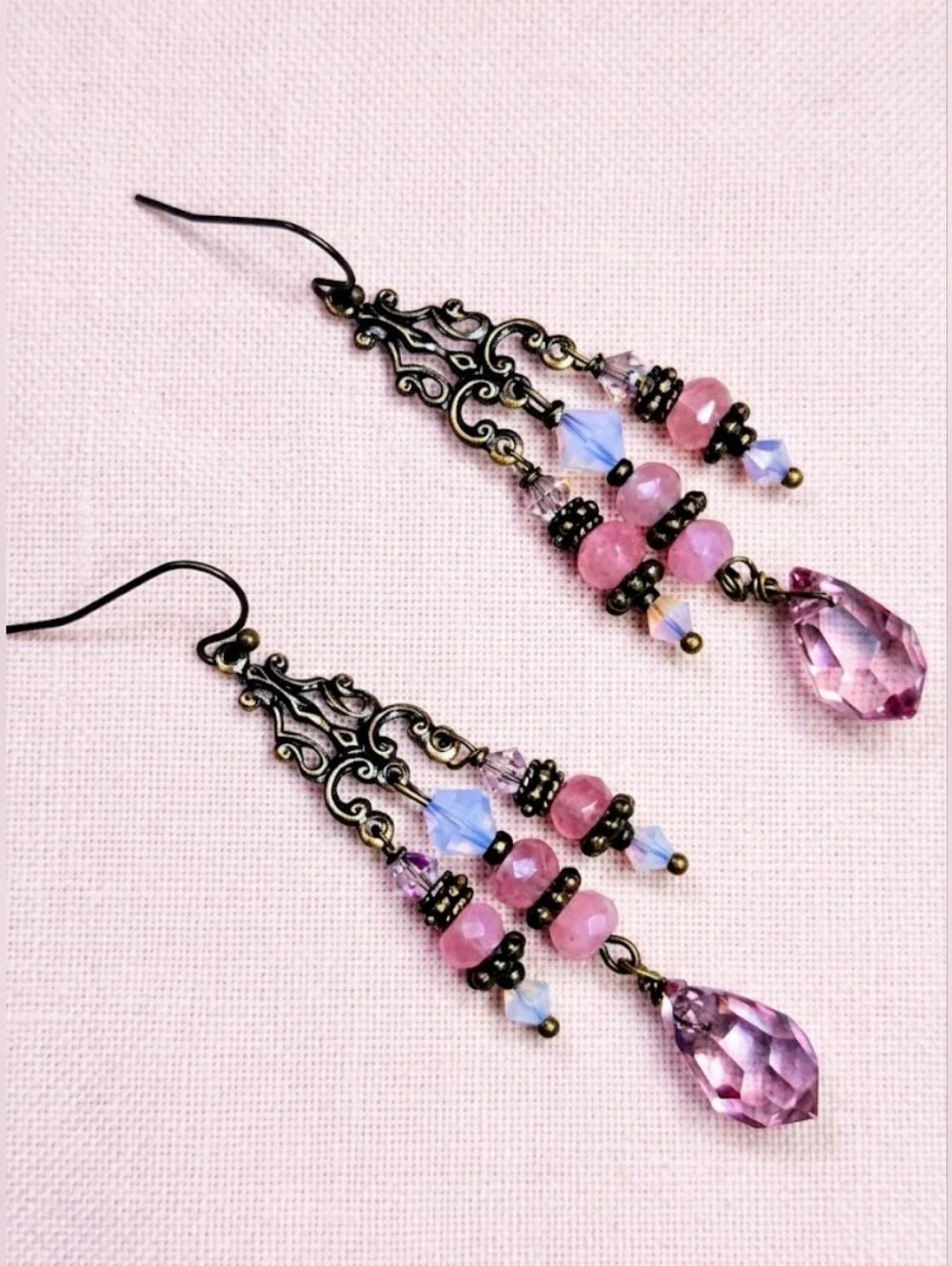 FIESTA Pink Glass & Crystal In Artisan Antique Bronze Victorian Style Earrings